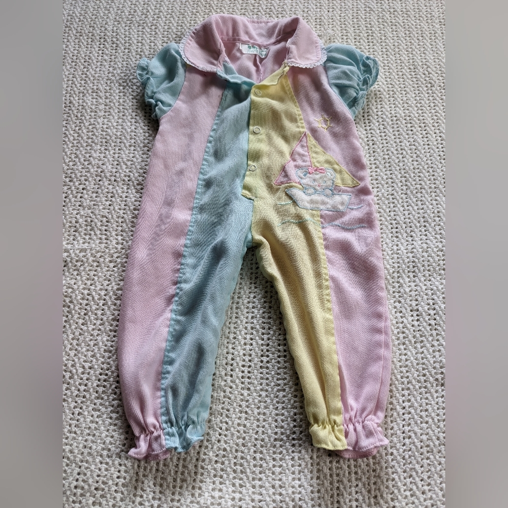 Vintage Tiny Tots Original 6-9 Baby One Piece Jumpsuit Romper Blue Pink Yellow